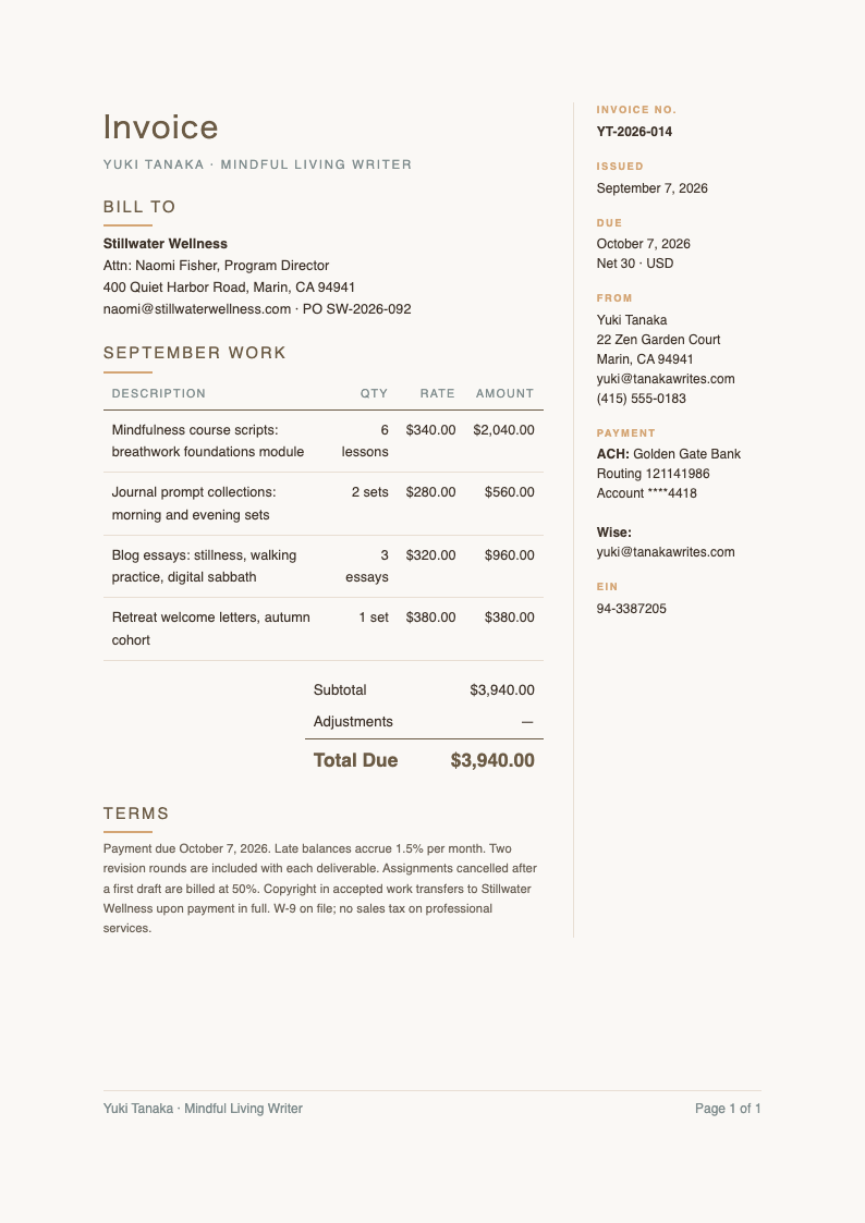 Japandi minimalist freelance writer invoice